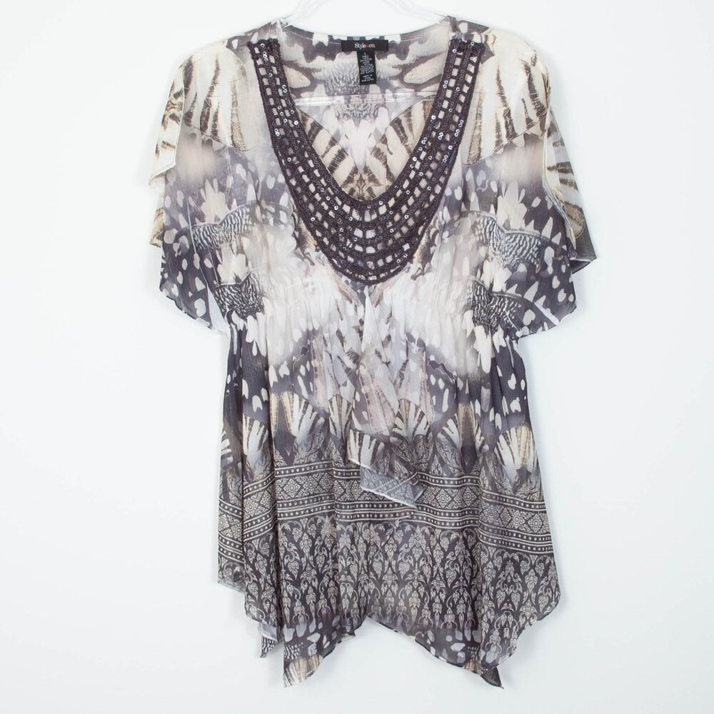 Style & Co Womens Butterfly Sequin‎ Embroidered Babydoll Blouse Size L Boho